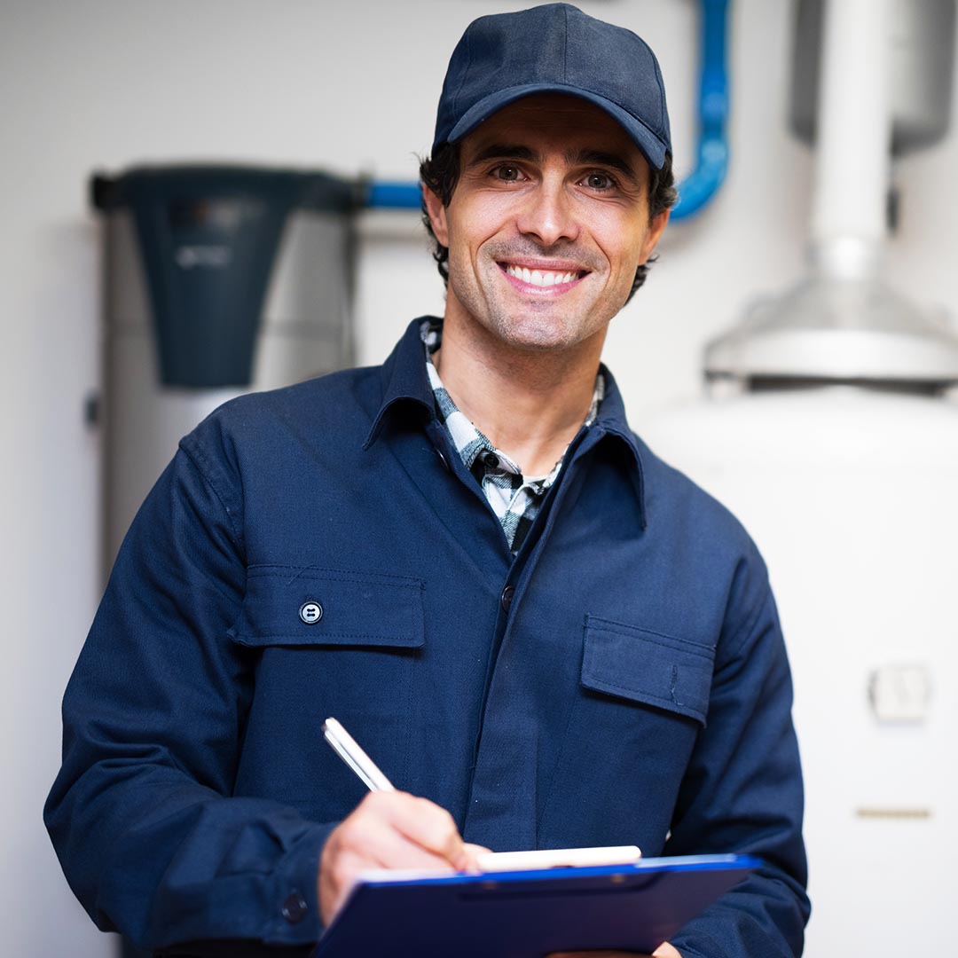 smiling plumber holding a clipboard