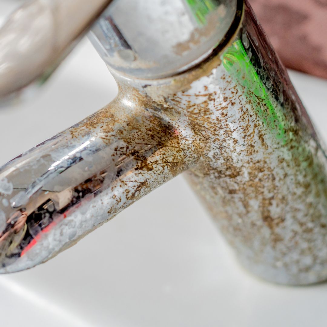 a sink faucet with hard water damage