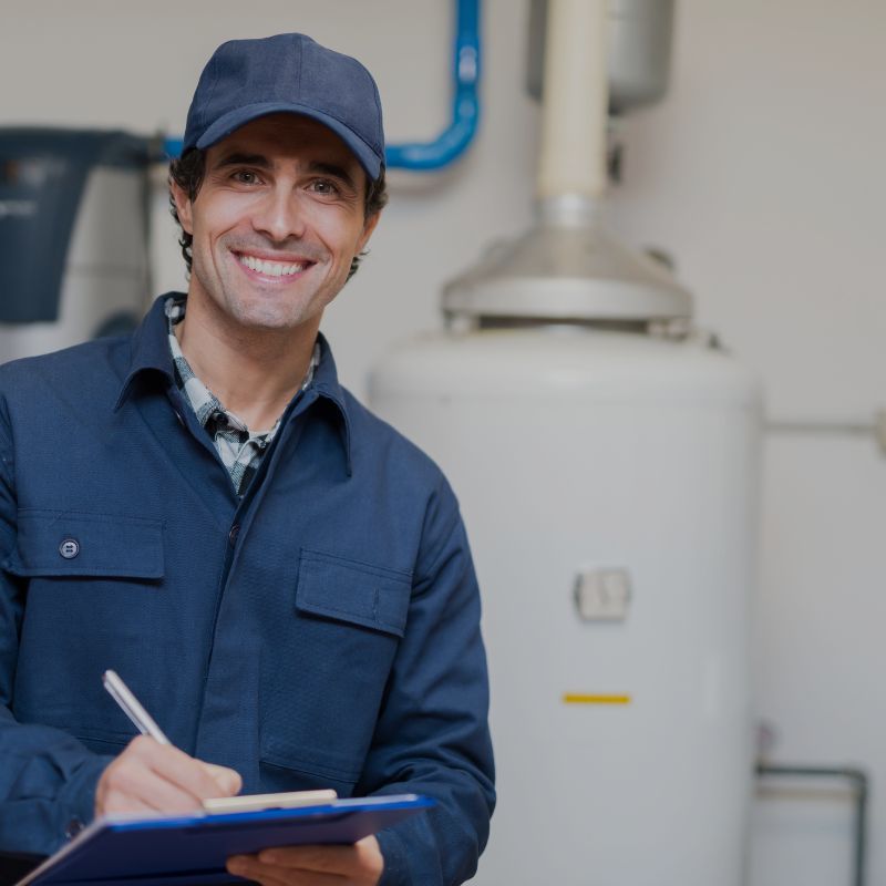 A plumber standing in front of a water heater and smiling