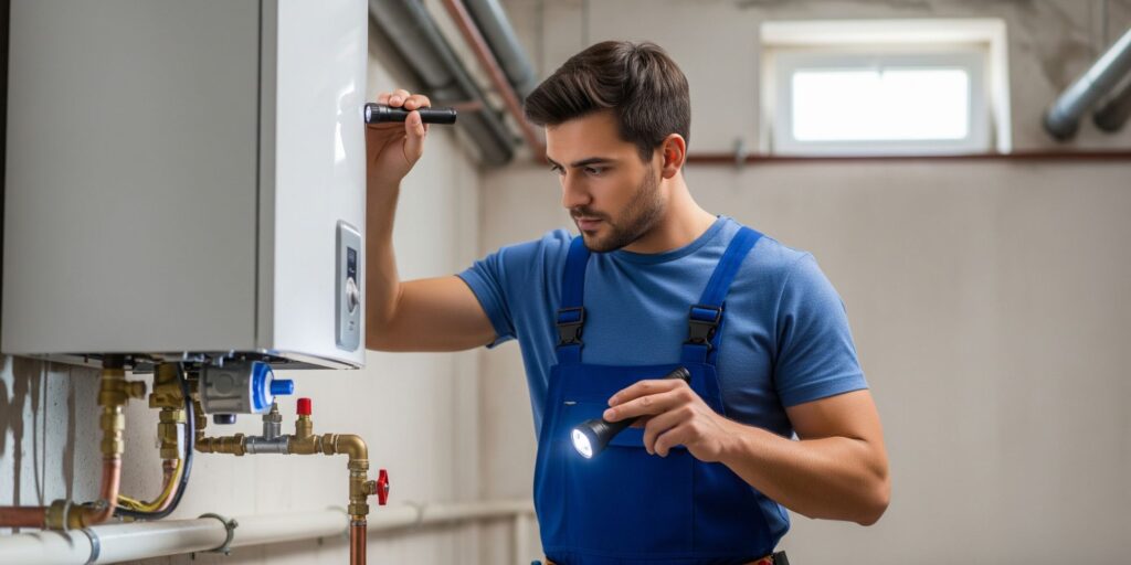 Technician looking at water tank