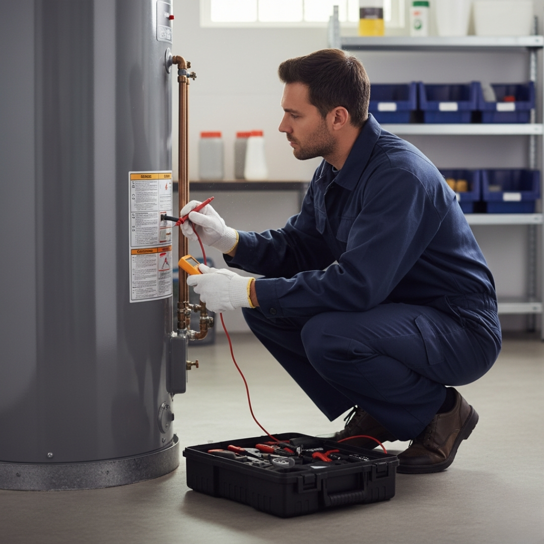 Plumber using diagnostic tools near a water heater