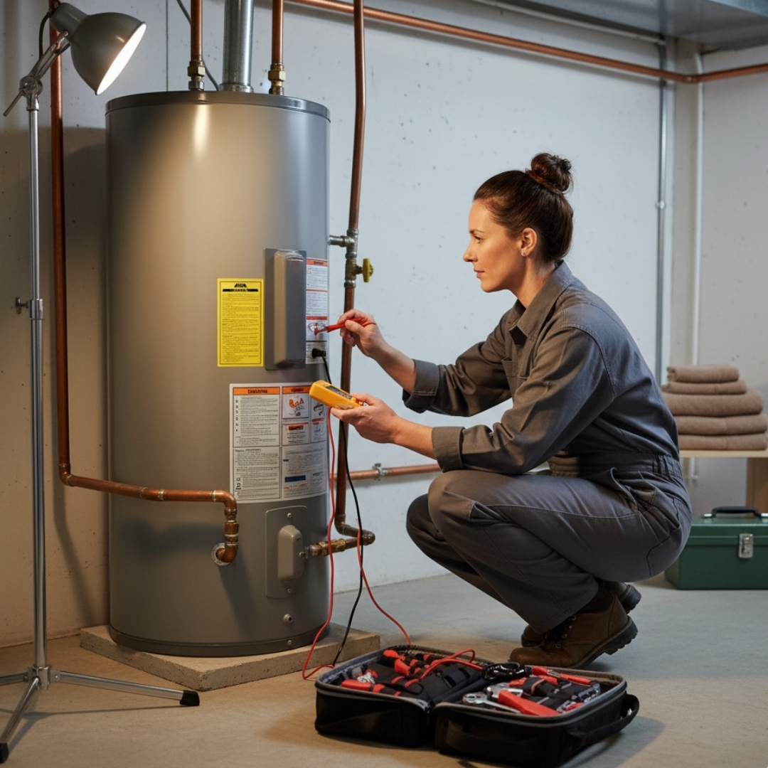 A licensed plumber checking a water heater in a basement