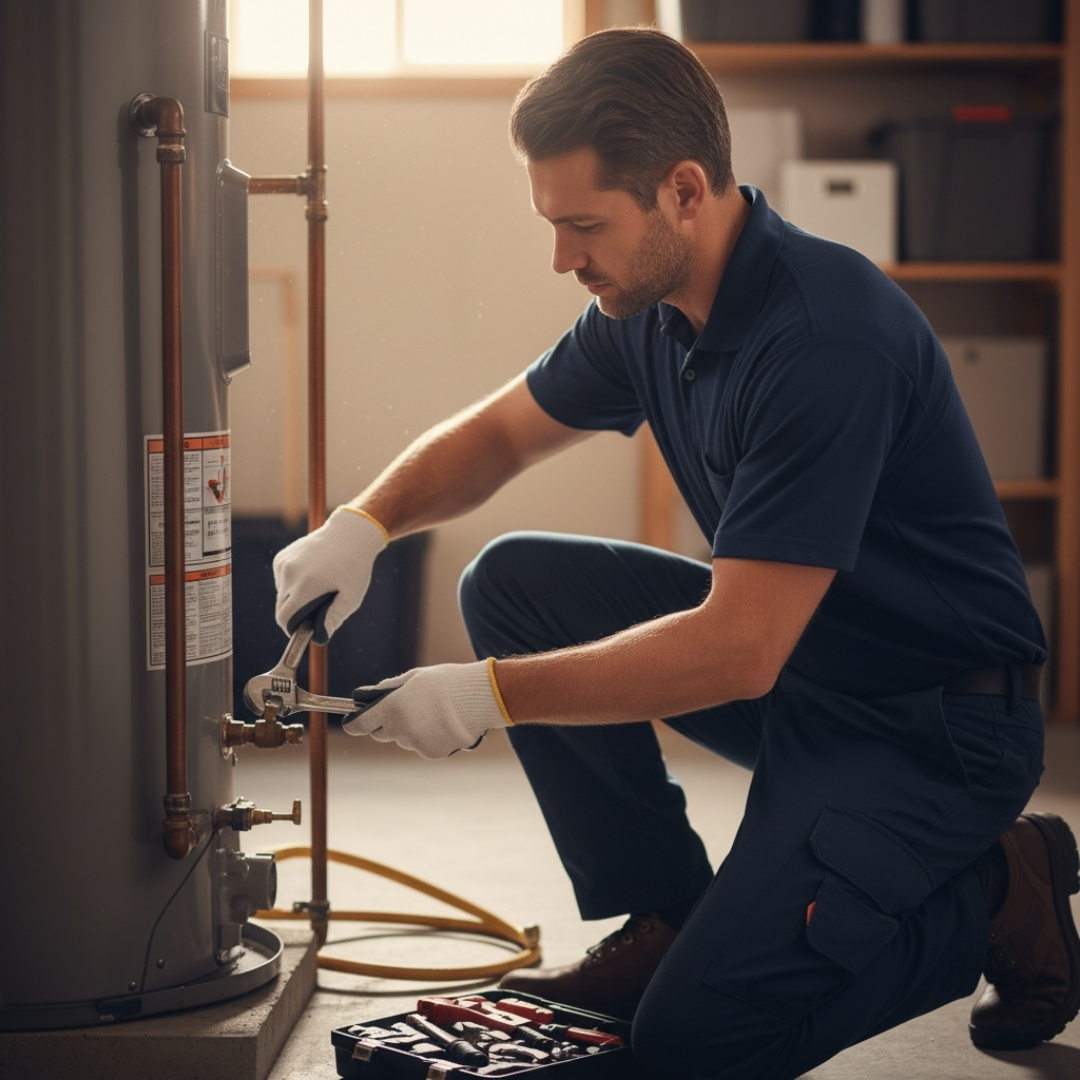 Plumber carefully checking a water heater connection