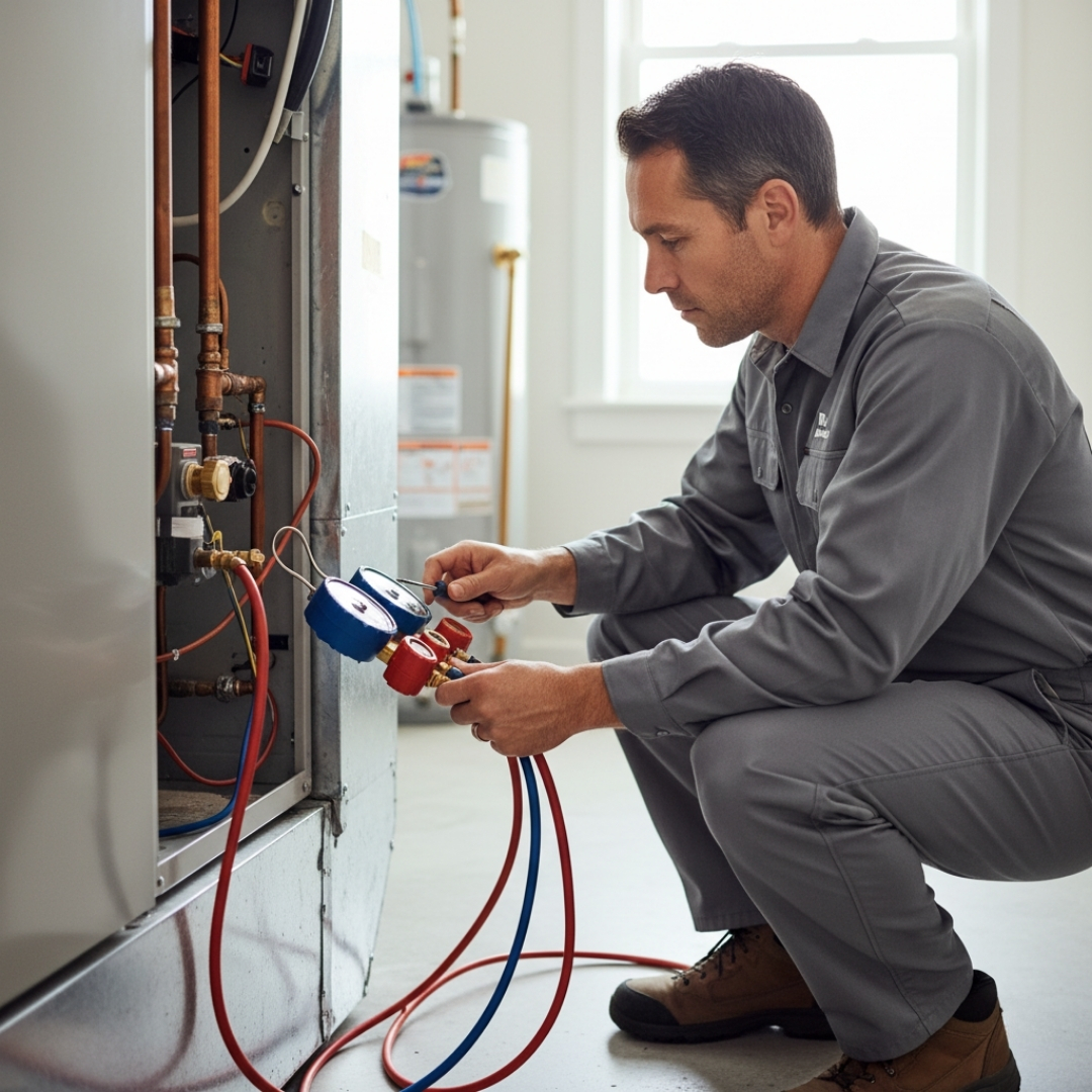 A technician diagnosing an HVAC unit in a residential setting
