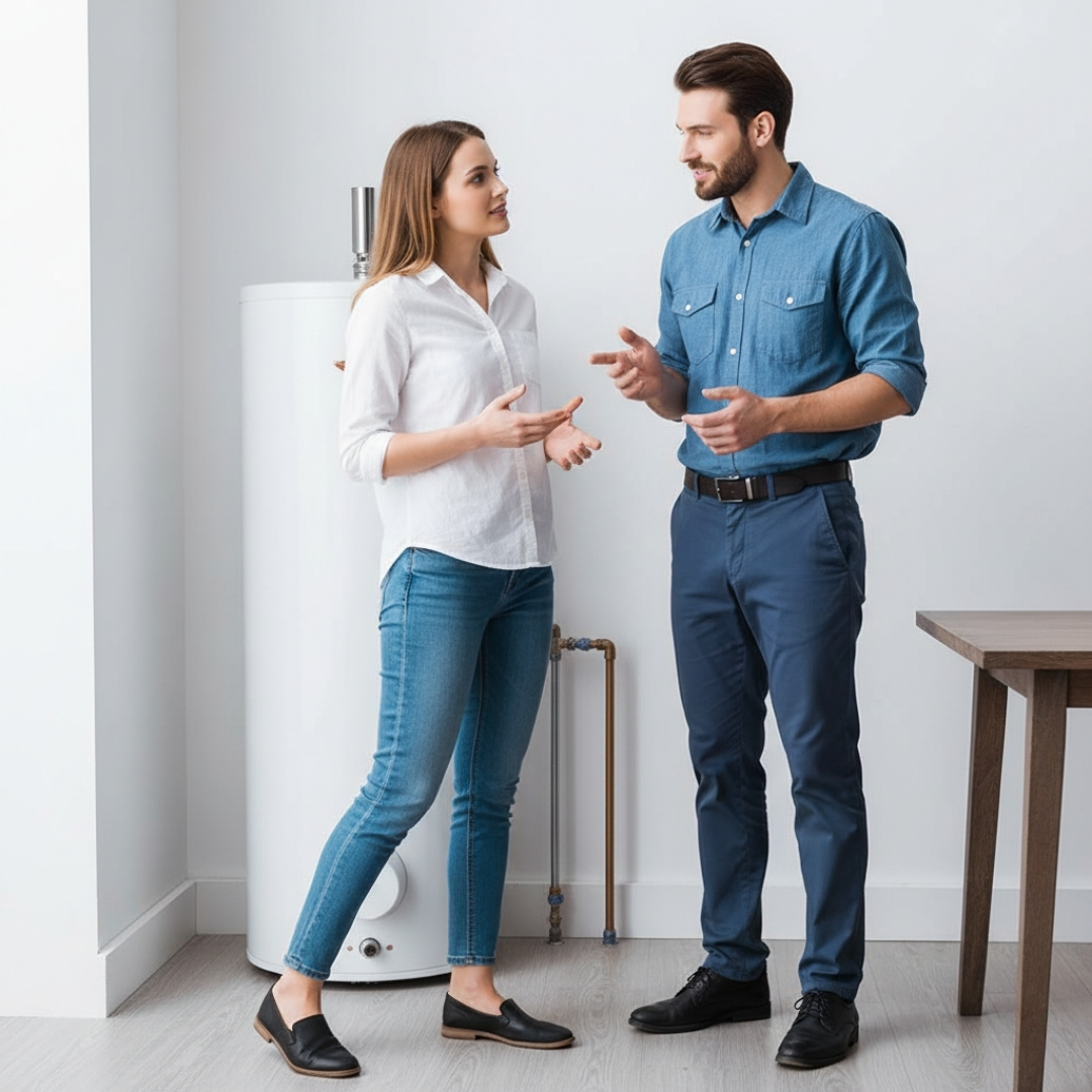 Homeowner talking to a plumber about water heater efficiency