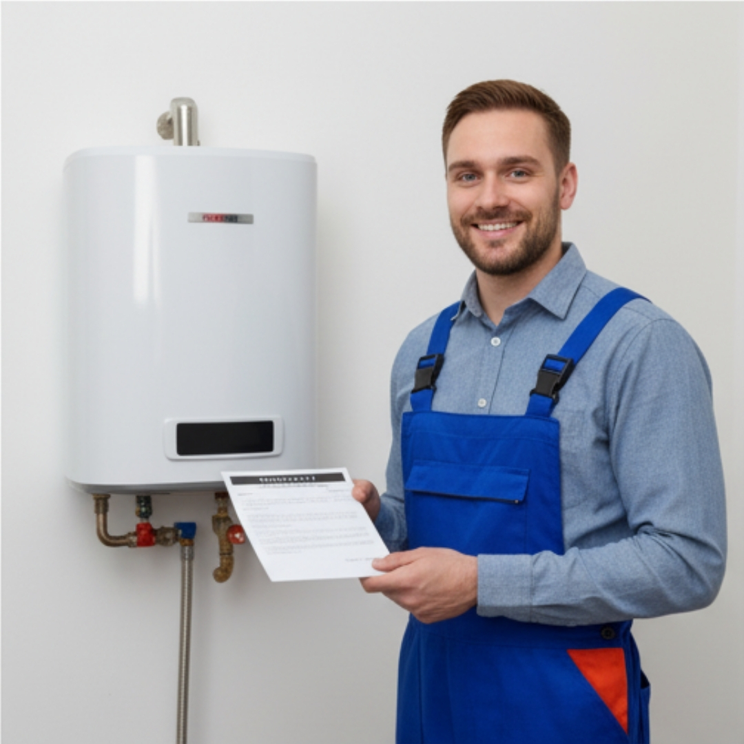 A plumber presents warranty documents