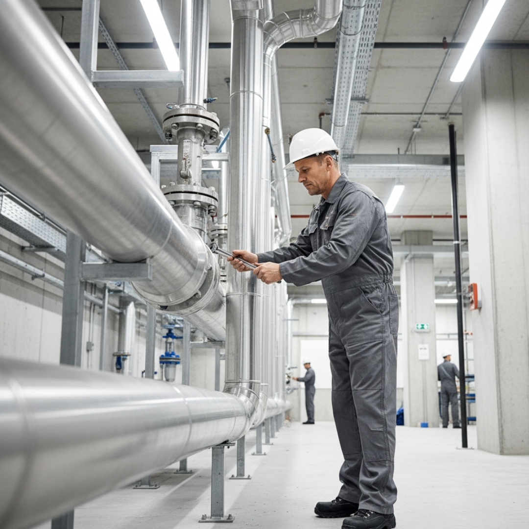plumber in a hard hat and uniform adjusts a pipe system