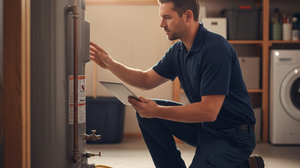 A plumber examining a water heater in a residential basement