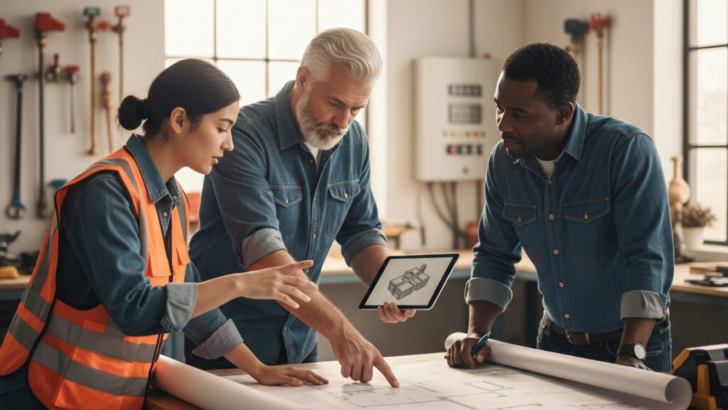 A diverse group of plumbers and HVAC technicians planning a job