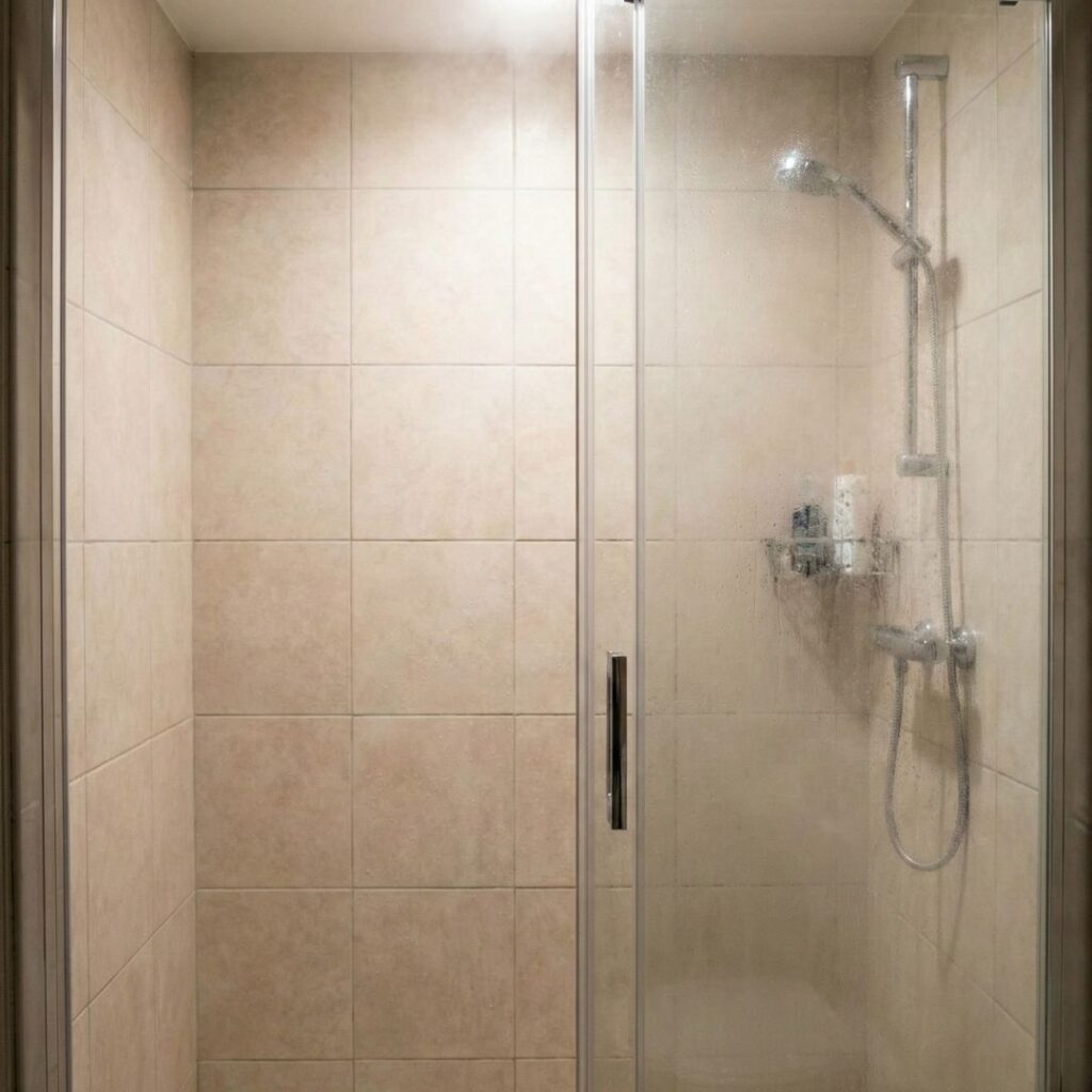 A steamy shower enclosure in a modern bathroom, indicating recent use.