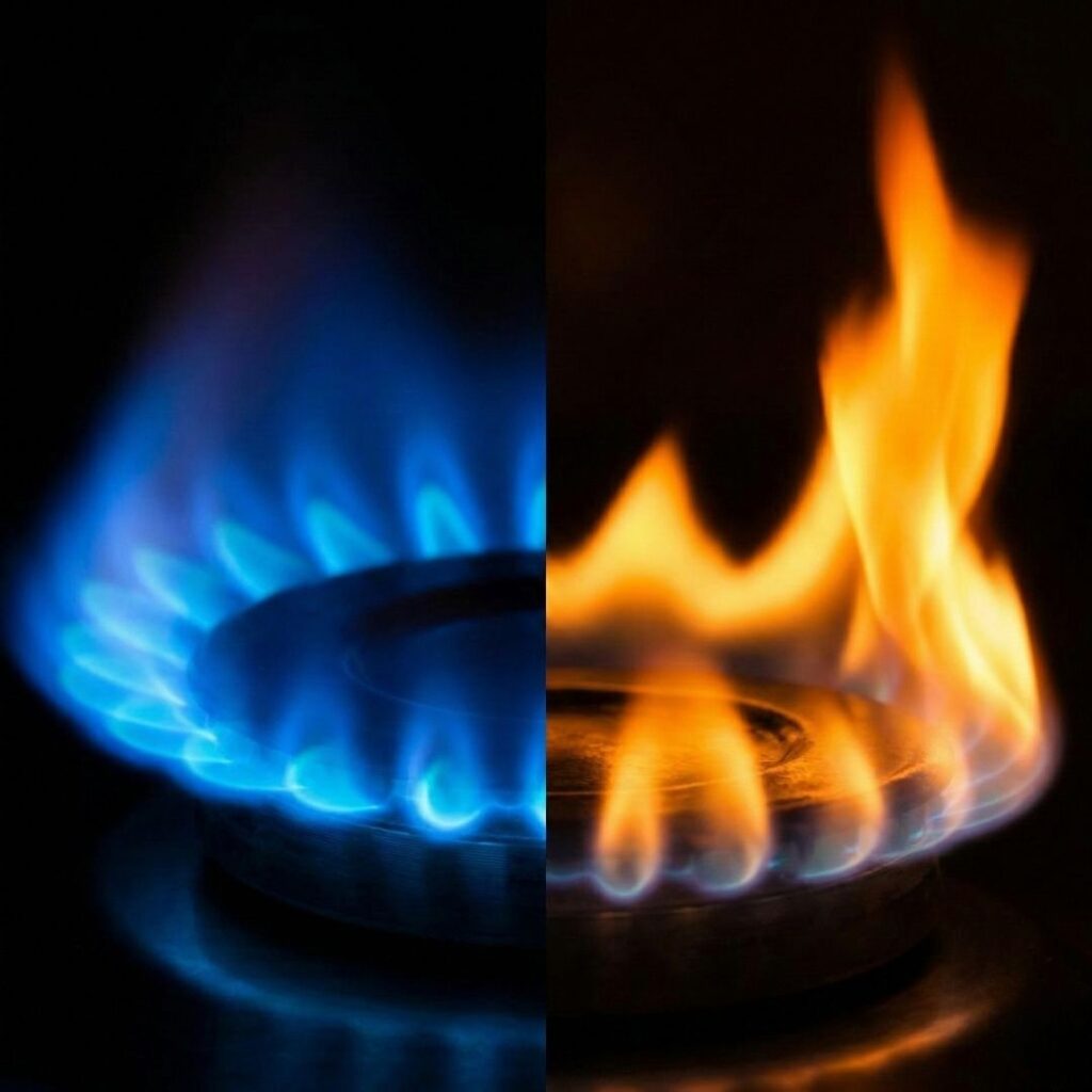 Close up, two gas burner flames, one blue one orange, split view.