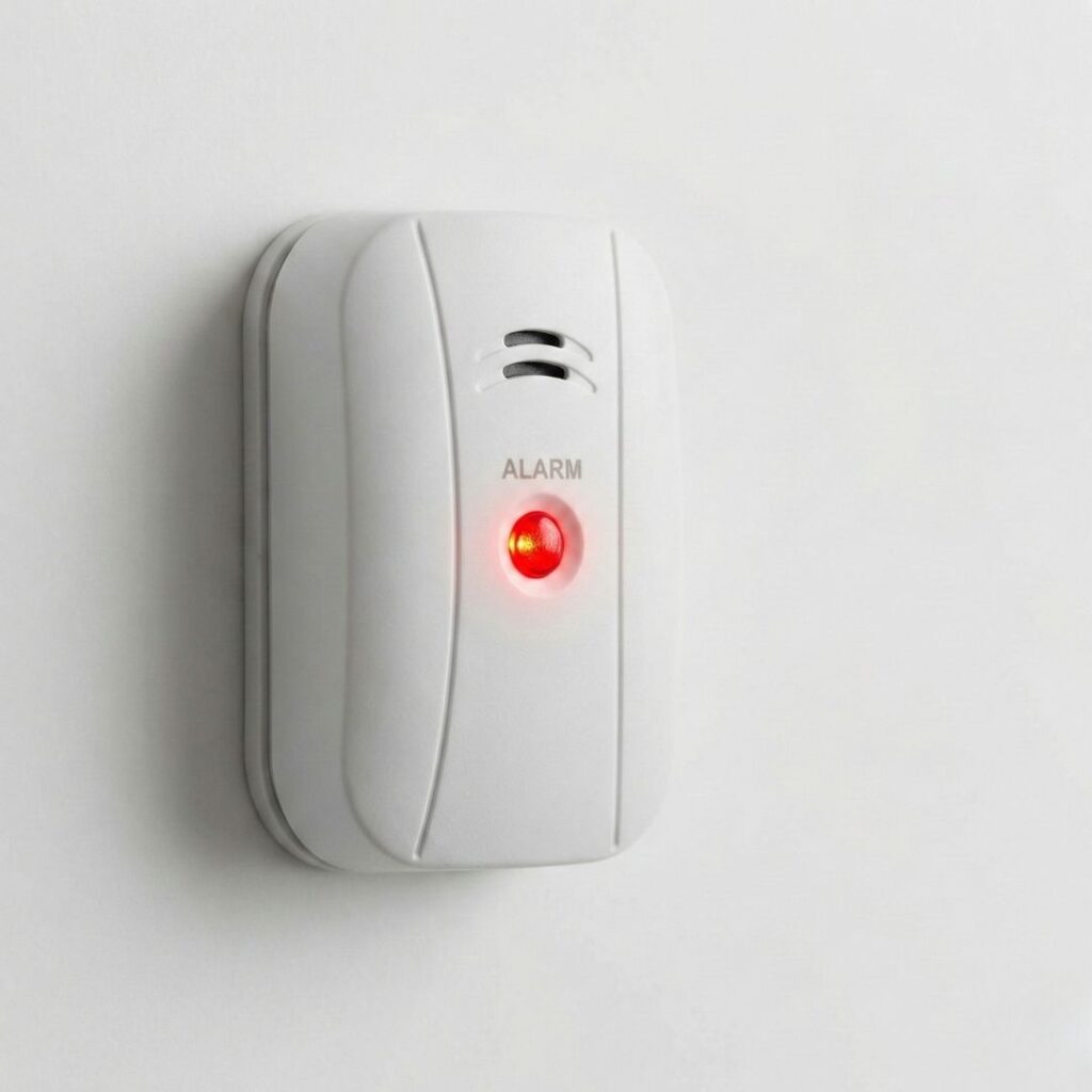 Close up, wall mounted carbon monoxide detector, red warning light, white wall.