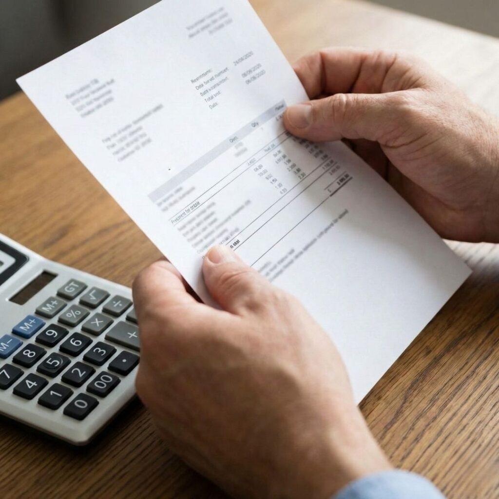 Close up, hands holding utility bill paper over wooden table with calculator.