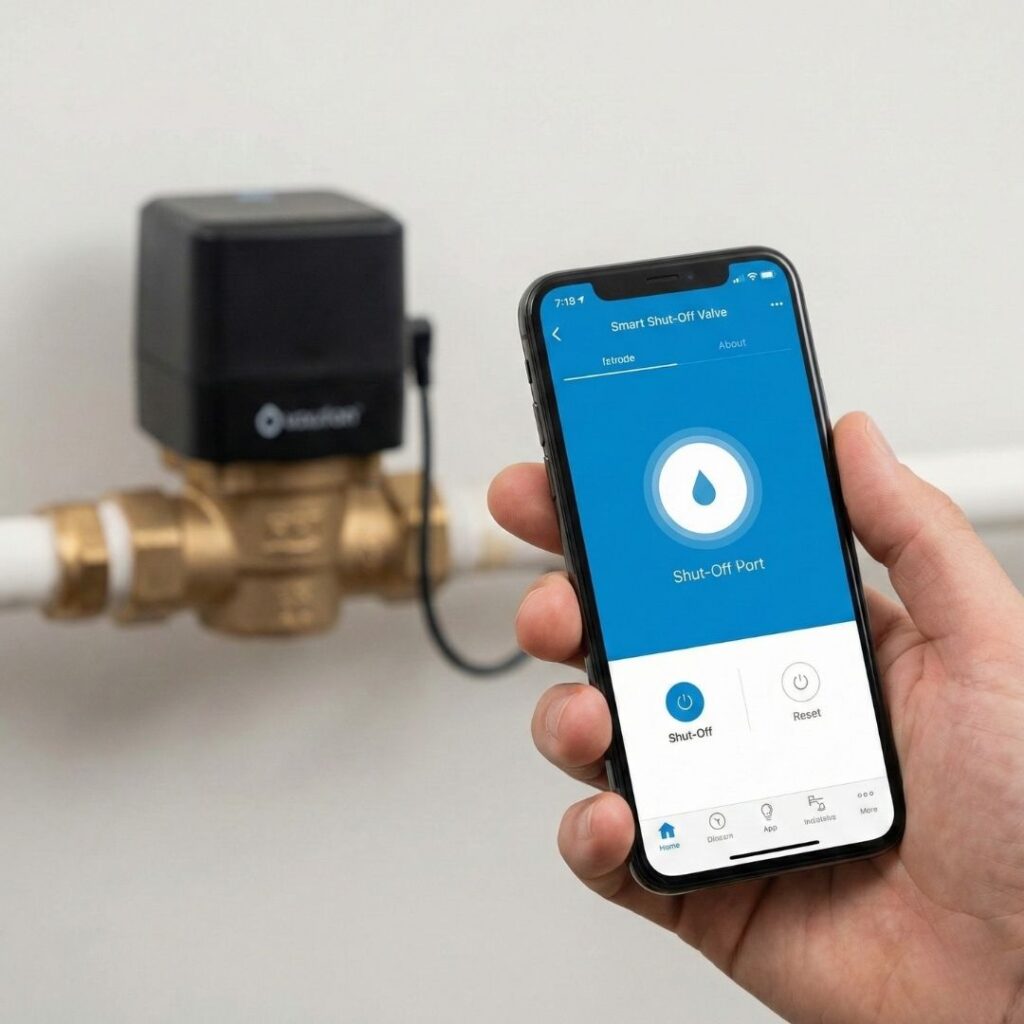 A smartphone displaying a smart water shut-off app, with the device visible in the background.