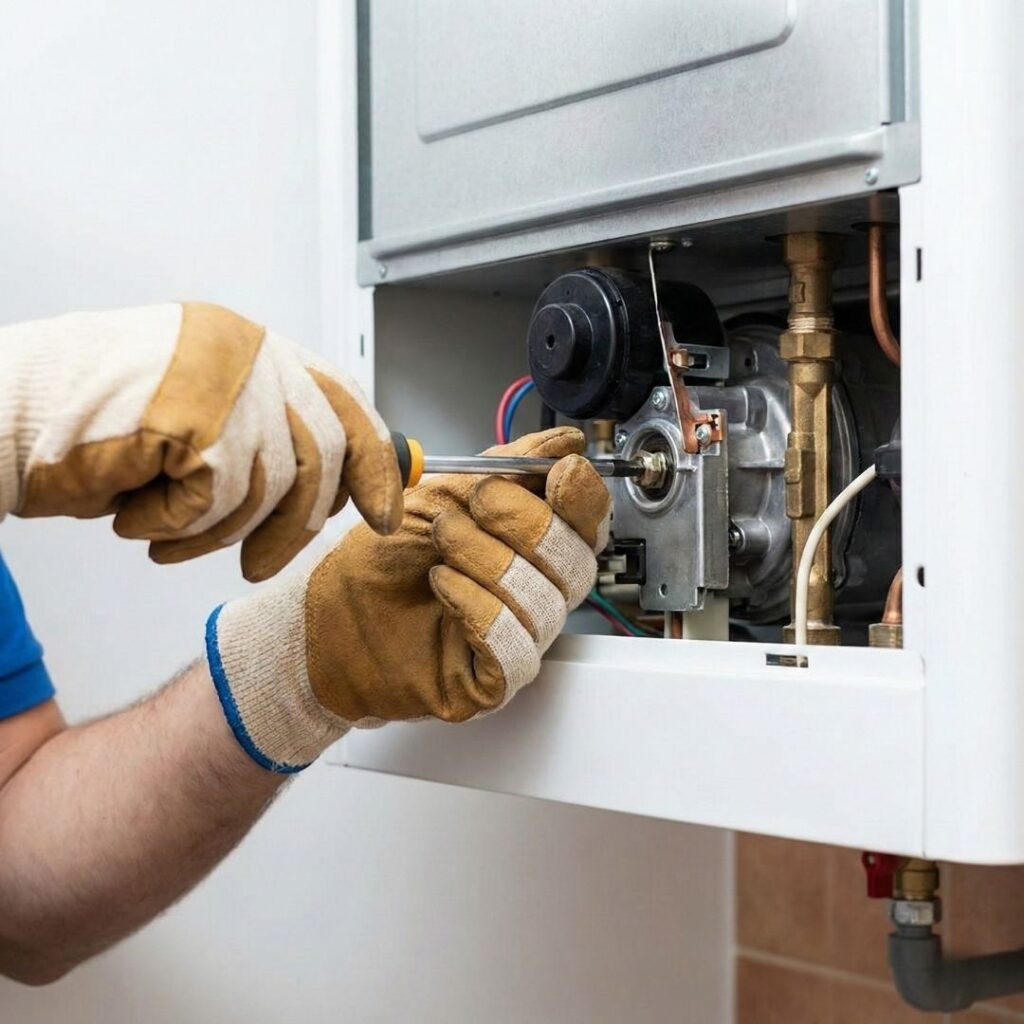 Close up, technician hands in gloves using screwdriver on water heater panel.