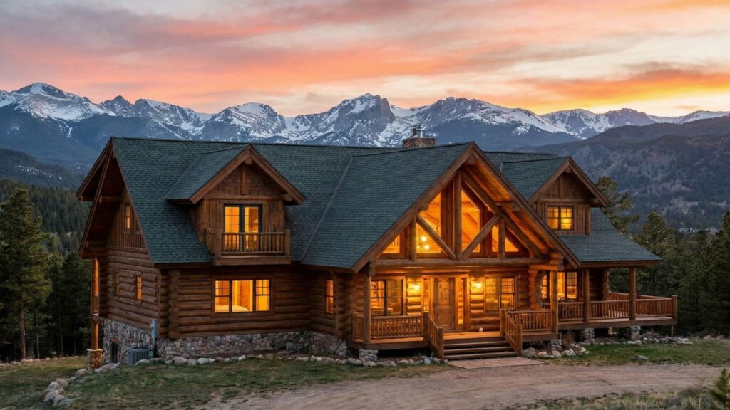A large, luxury vacation rental cabin in Estes Park at sunset with a mountain view.